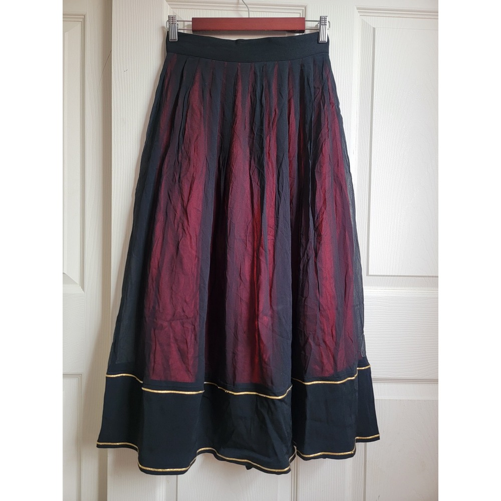 Vintage John Murrough‎ Black Red Sheer Pleated Midi Skirt Gold Trim Size 25